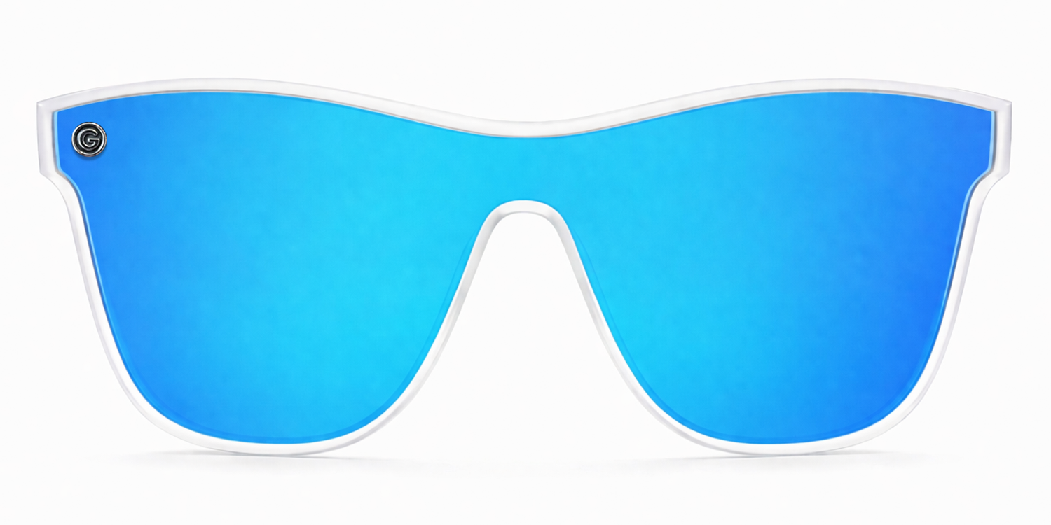 Sunglasses with blue reflective lenses and clear frame on a white background