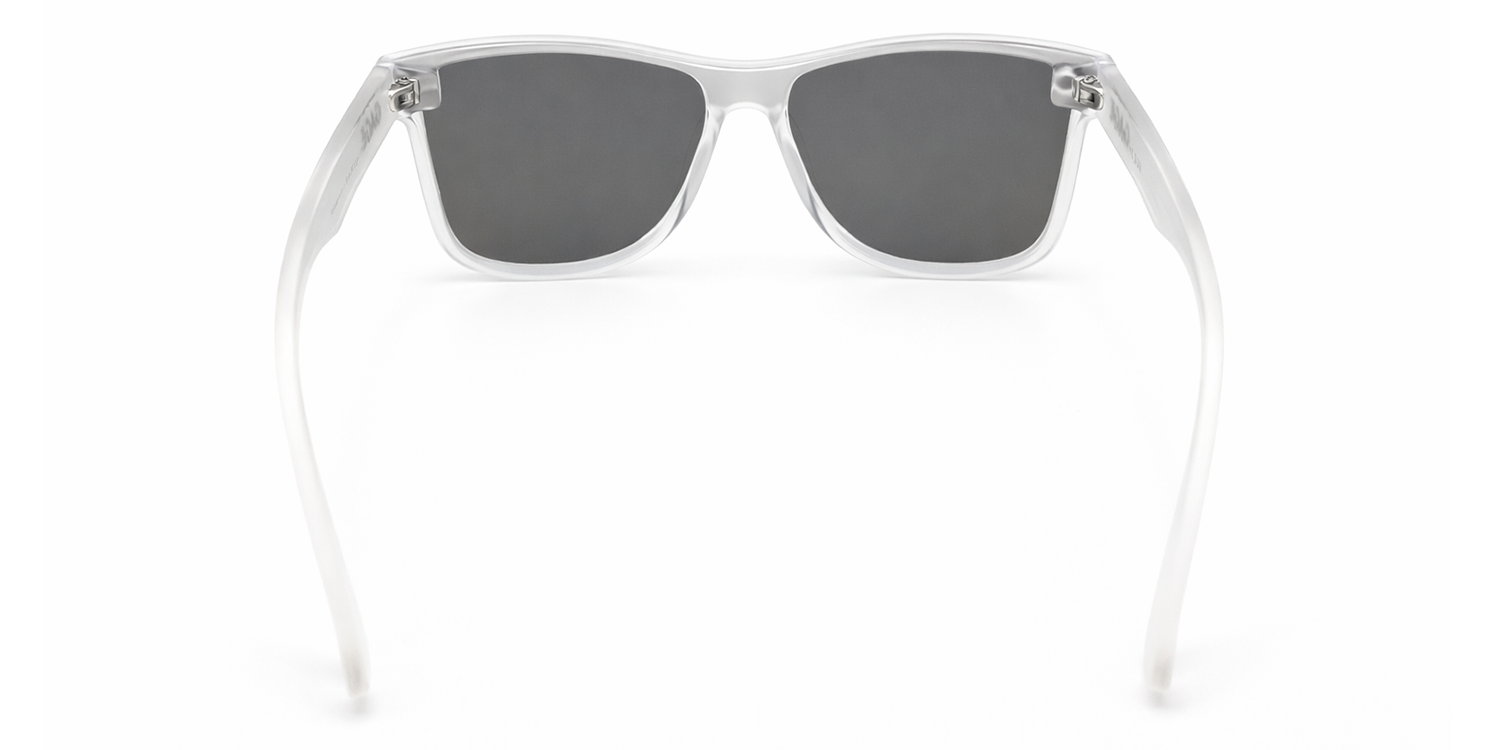 Sunglasses with blue reflective lenses and clear frame on a white background