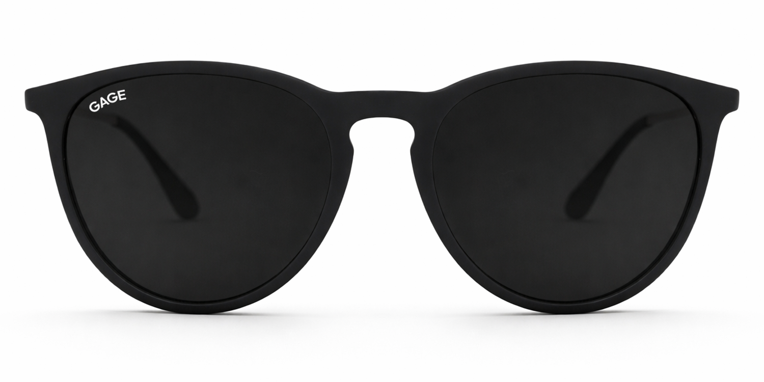 Round black sunglasses on a white background.