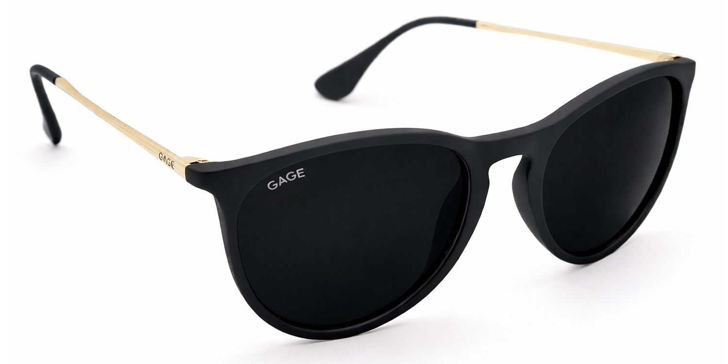 Black sunglasses with gold accents on a white background