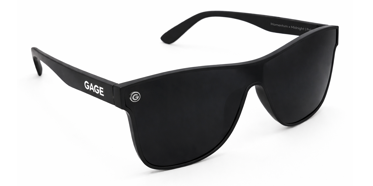Black sunglasses with 'GAGE' branding on a white background