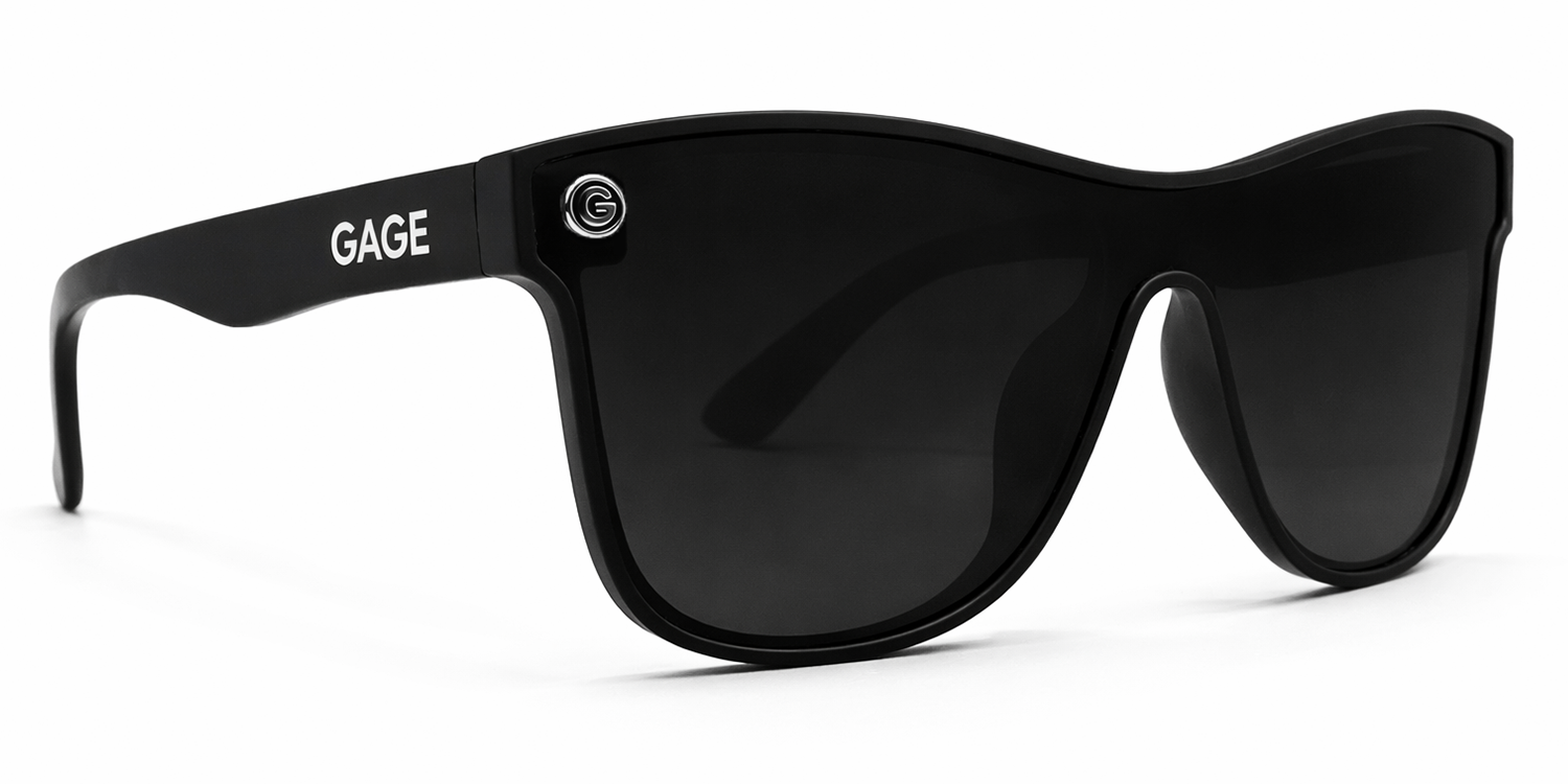 Black sunglasses with 'GAGE' branding on a white background
