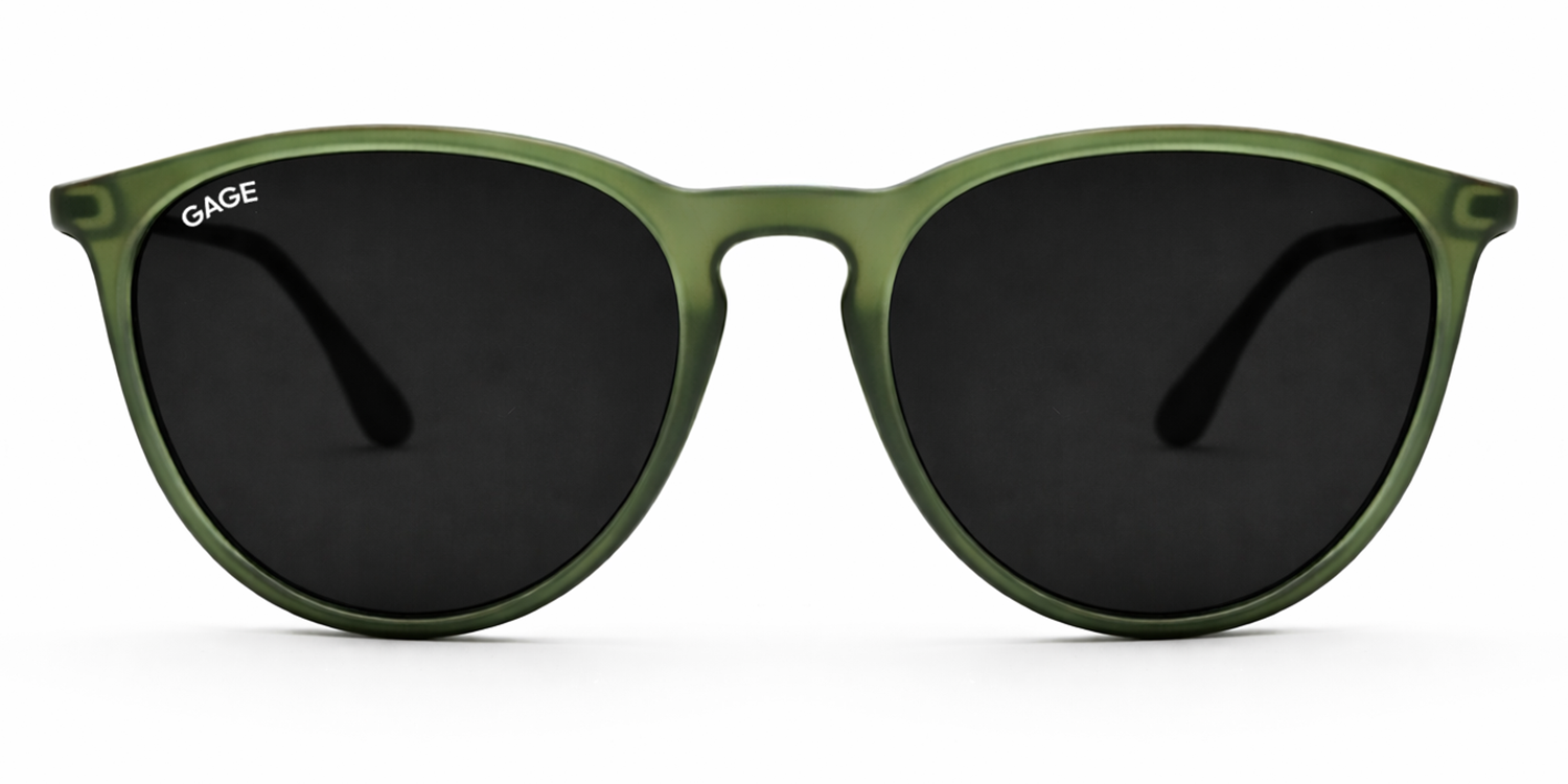 Olive green sunglasses with black lenses on a white background