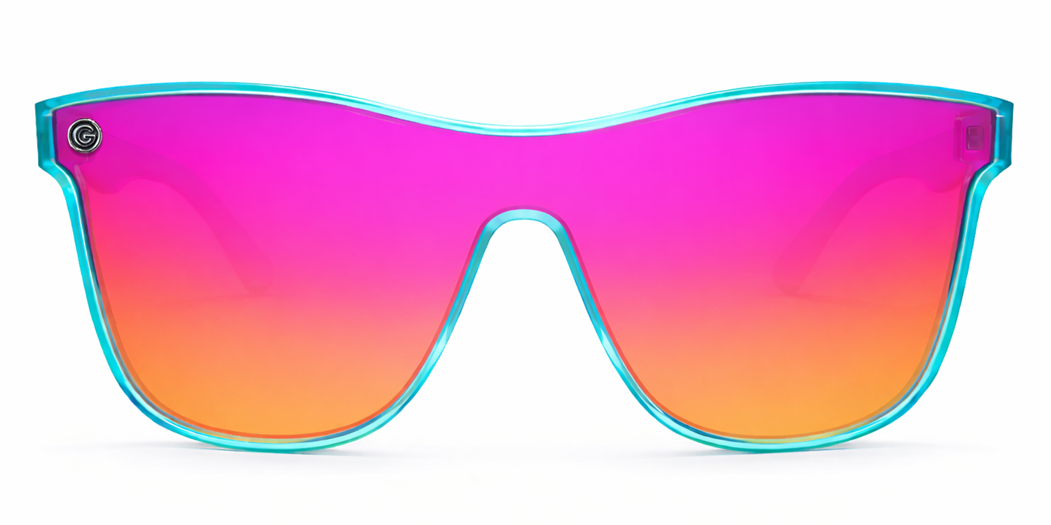 Sunglasses with a gradient pink to orange lens on a white background