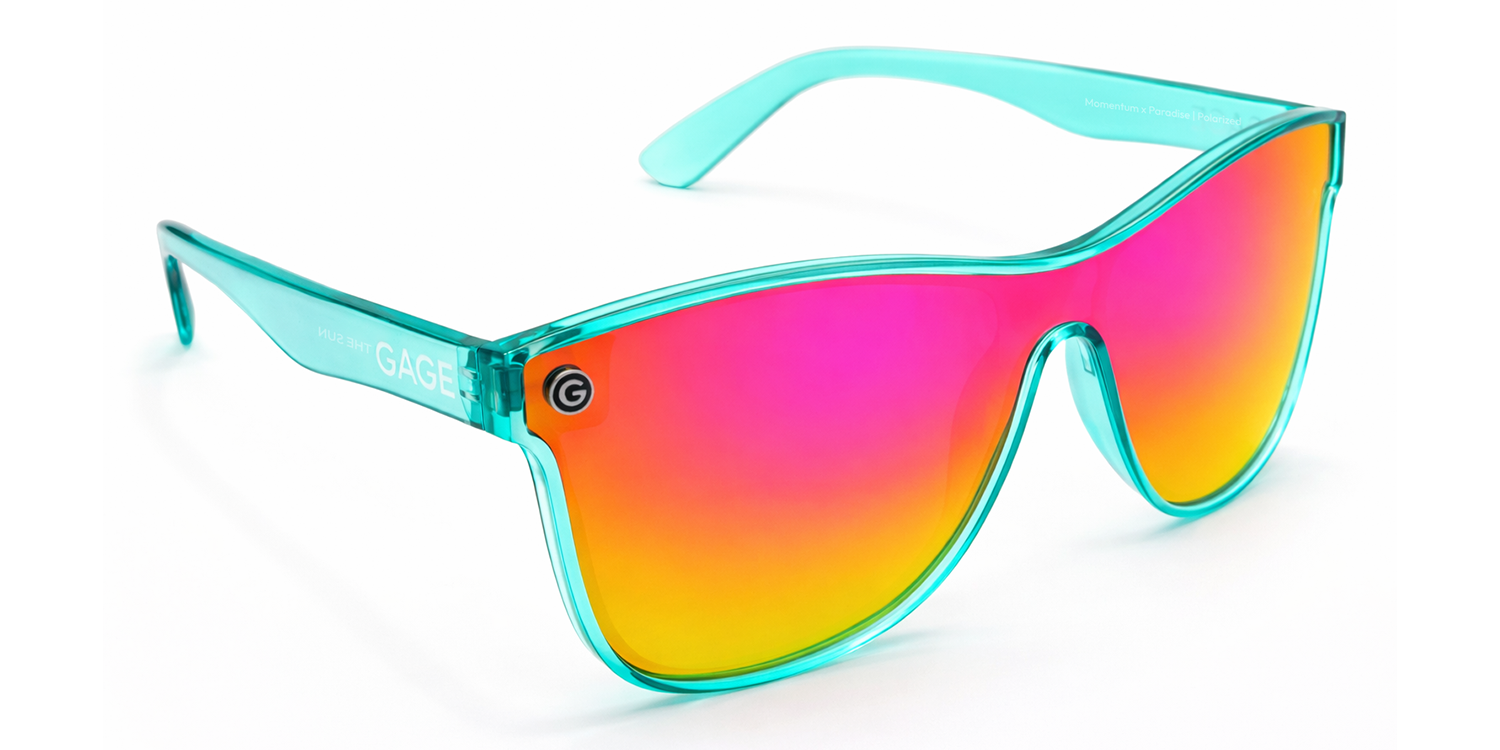 Sunglasses with turquoise frame and colorful lenses on a white background
