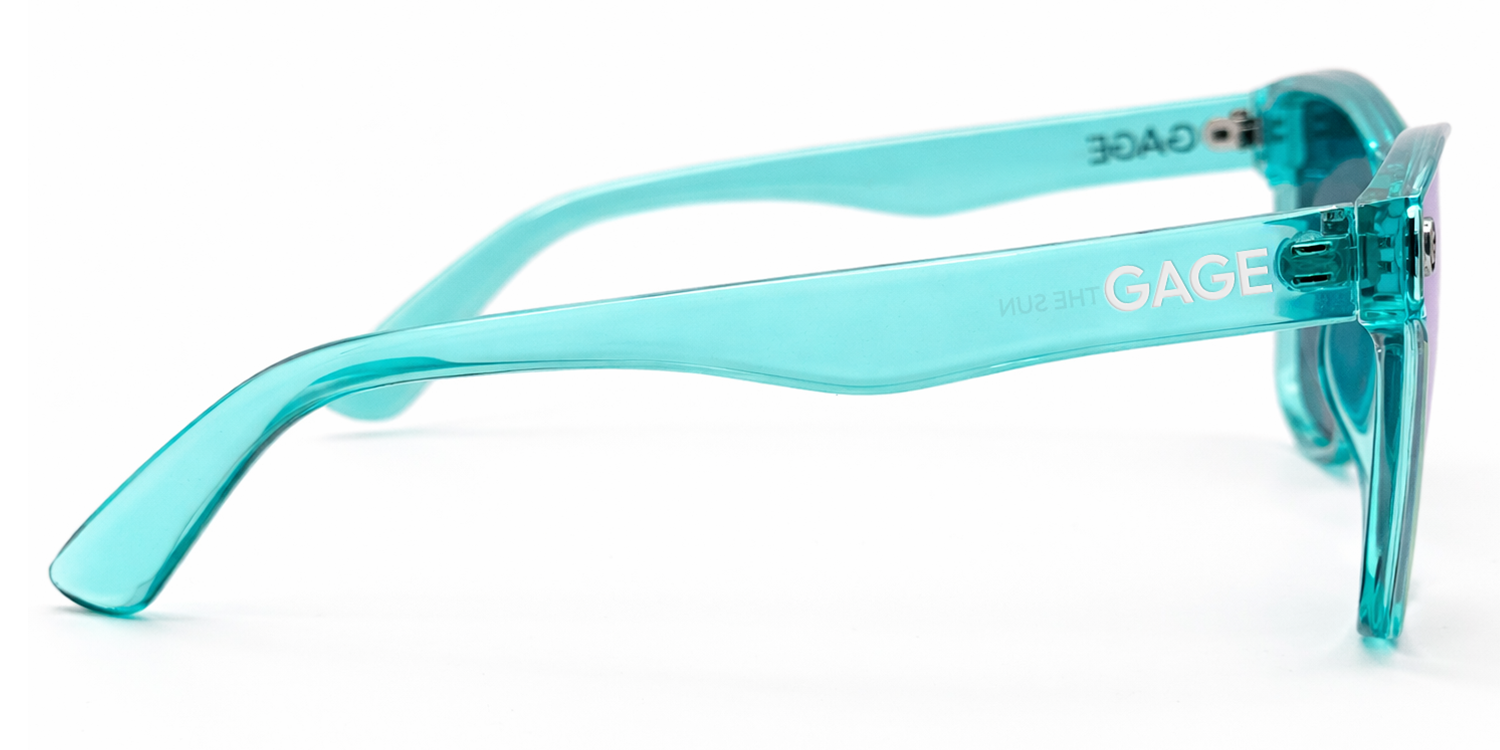 Turquoise sunglasses with 'GAGE' branding on a white background