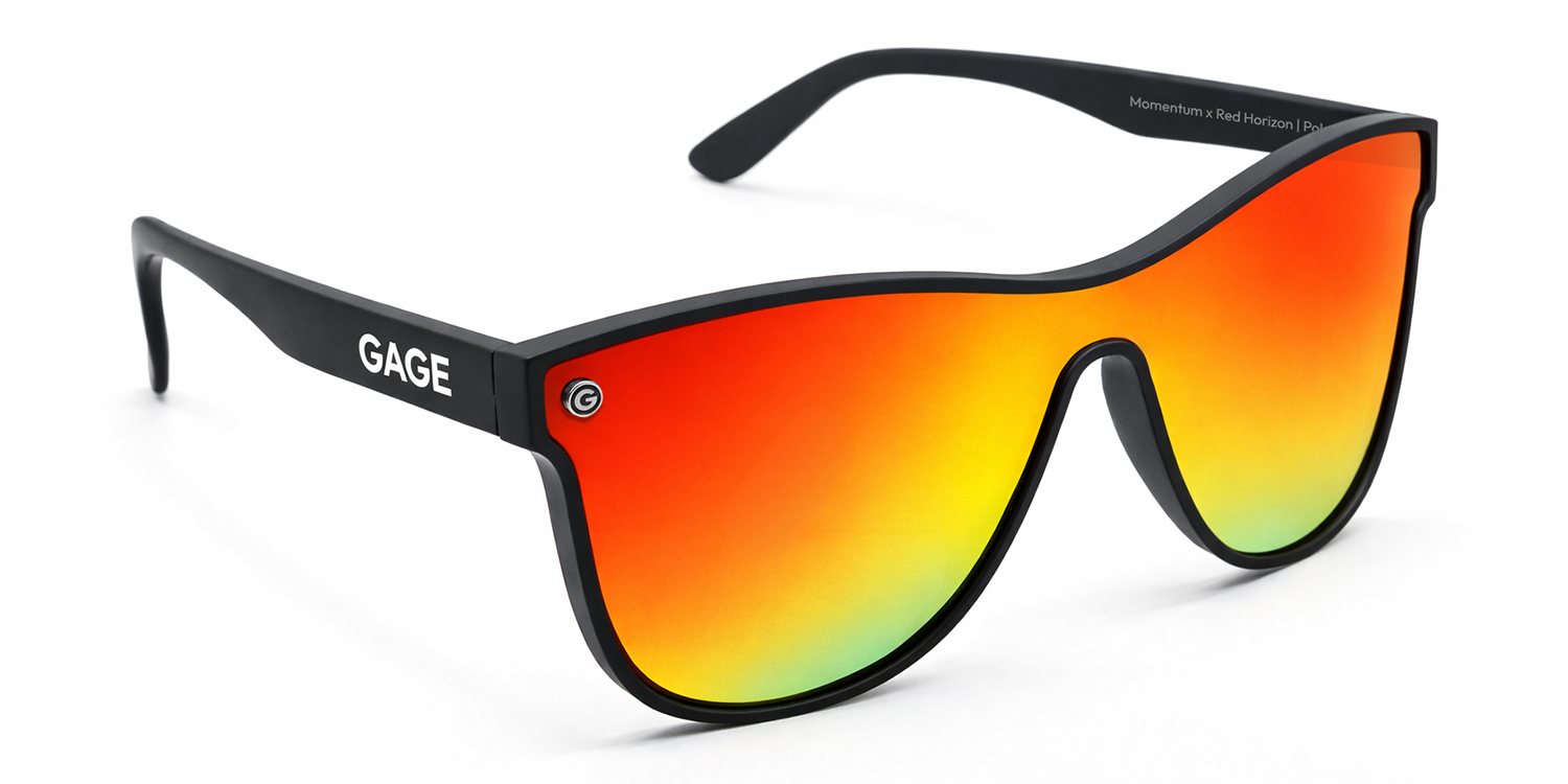Sunglasses with black frame and multicolored lens on a white background