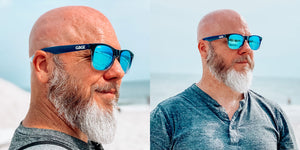 Glossy Navy Blue and Grey Gradient Sunglasses With Light Blue Mirrored Lenses