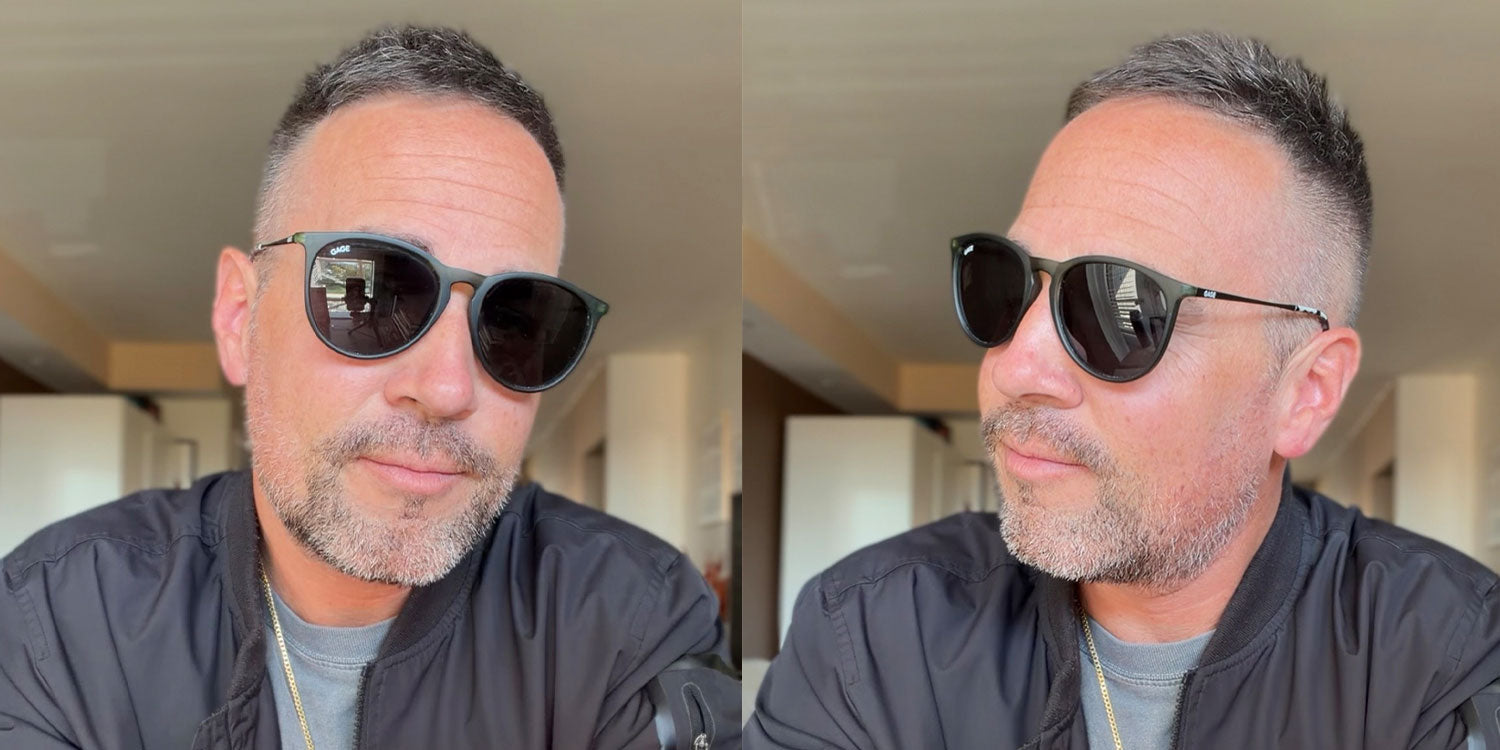 A side-by-side comparison of a man wearing olive framed round sunglasses in an indoor setting. The man has short dark hair and a trimmed beard, wearing a dark jacket over a gray t-shirt.