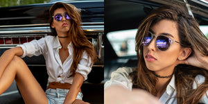 Transparent Matte Grey Sunglasses With Silver Metal Arms and Polarized Purple Lenses