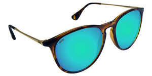 Tortoise Shell Sunglasses With Gold Metal Arms and Polarized Blue-Green Lenses