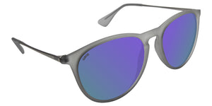 Transparent Matte Grey Sunglasses With Silver Metal Arms and Polarized Purple Lenses