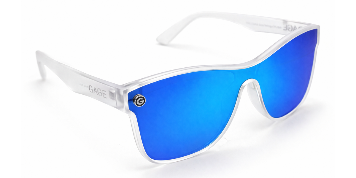 Sunglasses with blue reflective lenses and clear frame on a white background
