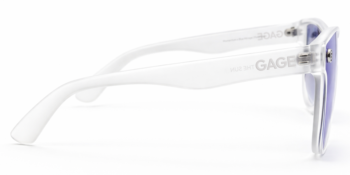 Clear sunglasses with 'GAGE' branding on a white background