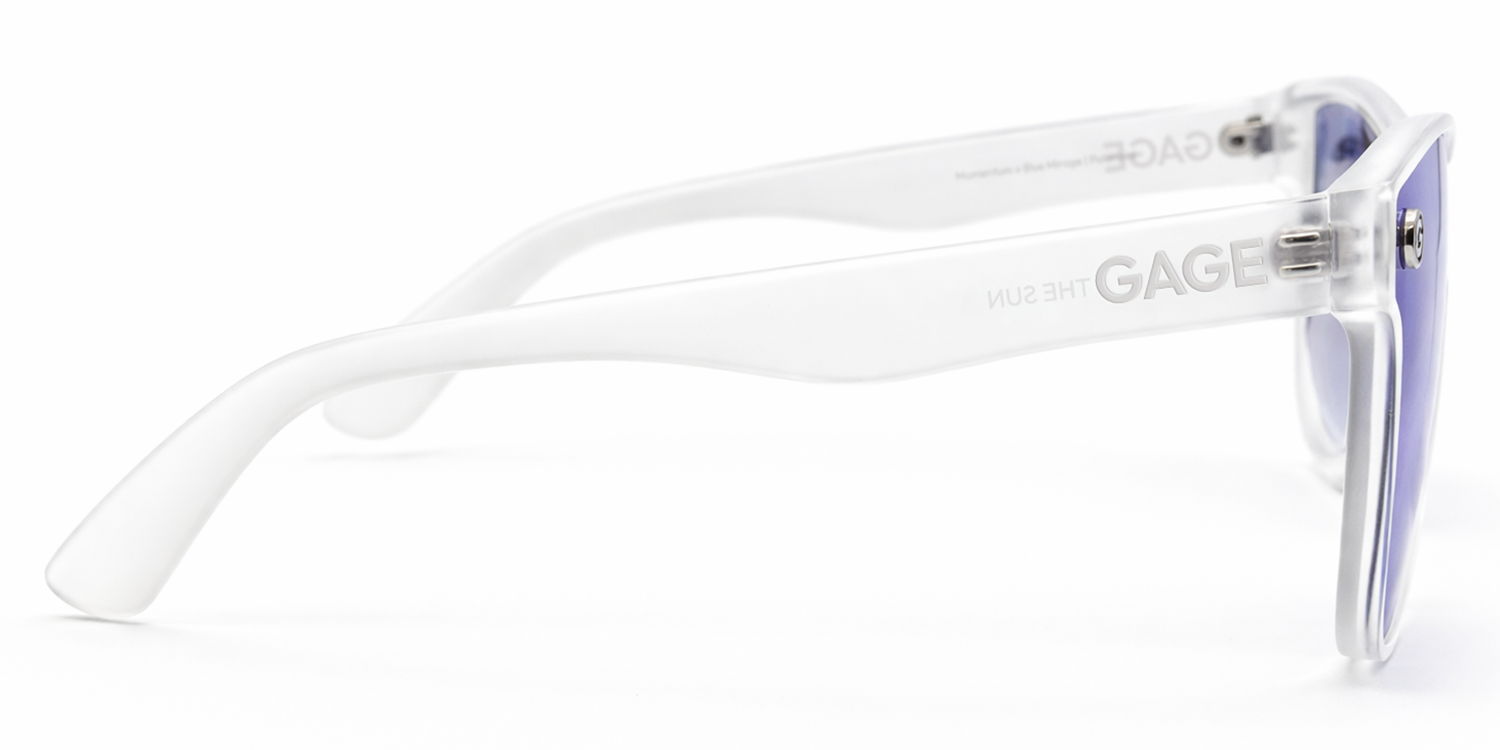 Clear sunglasses with 'GAGE' branding on a white background
