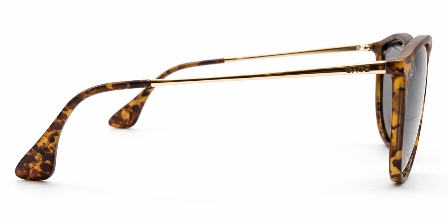 Sunglasses with tortoiseshell frame and reflective lenses on a white background