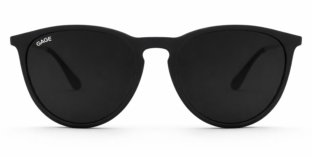 Round black sunglasses on a white background.