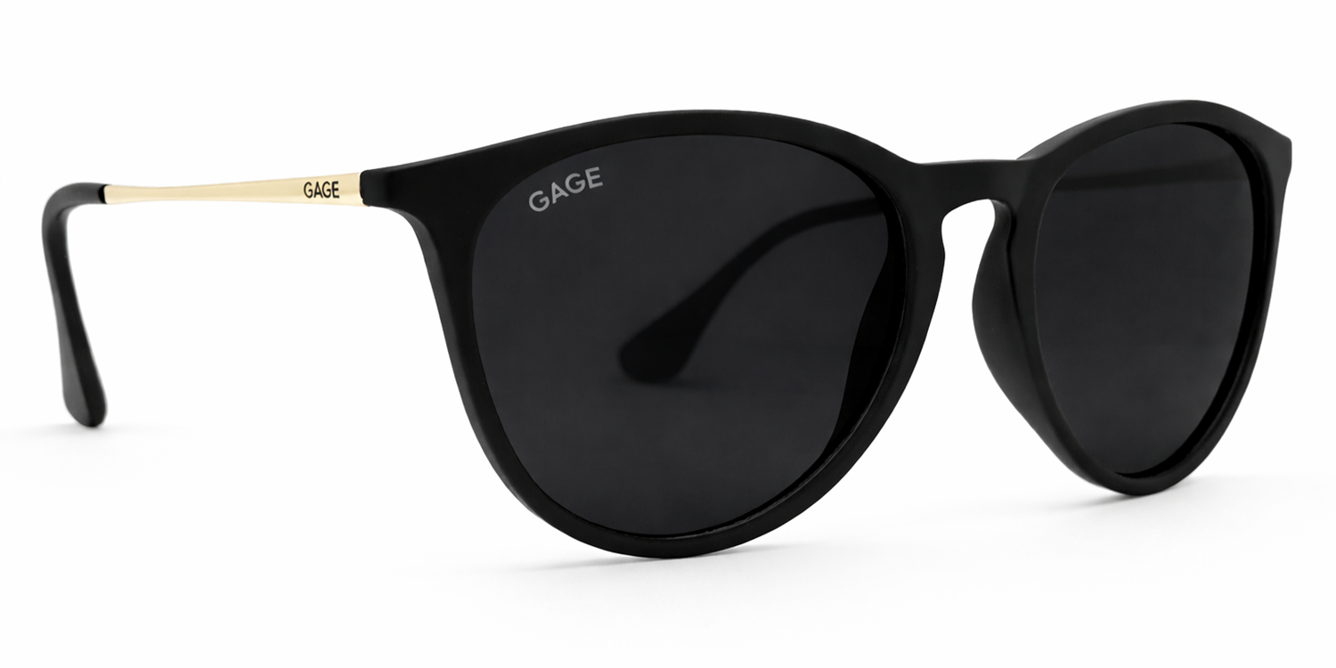Black sunglasses with gold accents on a white background