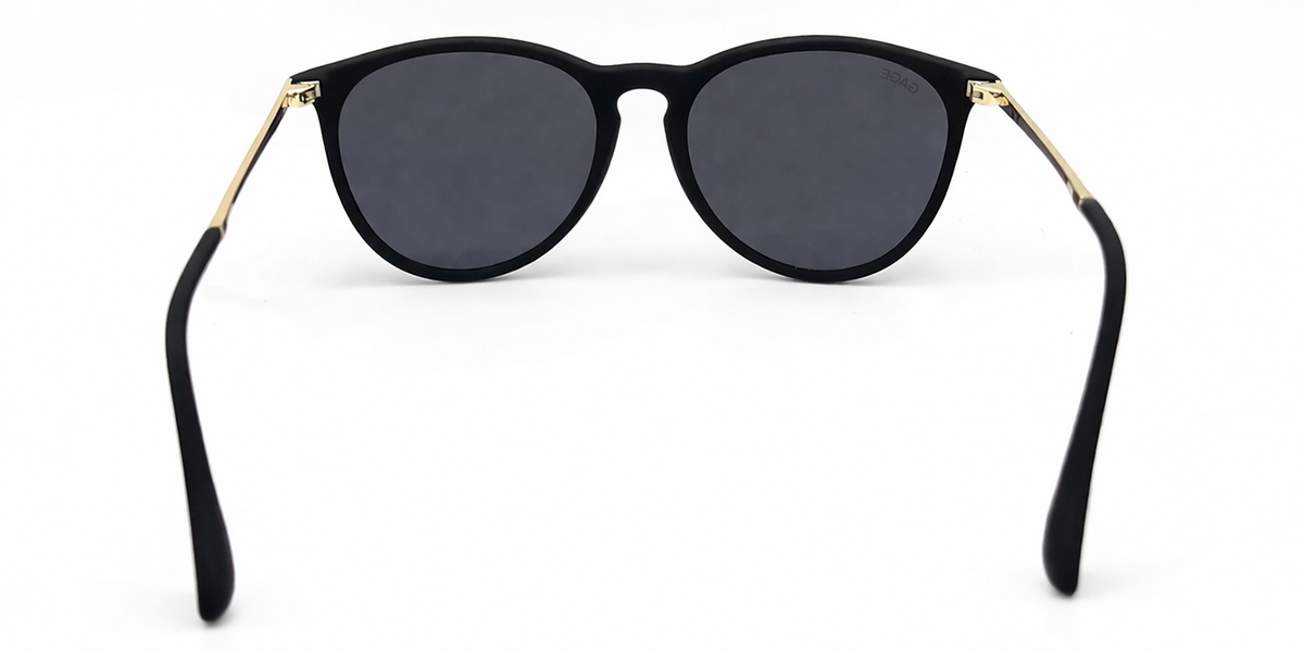 Black sunglasses with gold accents on a white background