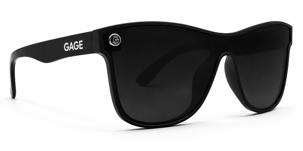 Black sunglasses with 'GAGE' branding on a white background