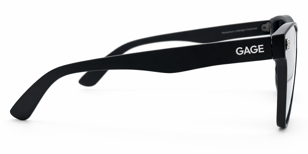 Black sunglasses with 'GAGE' branding on a white background