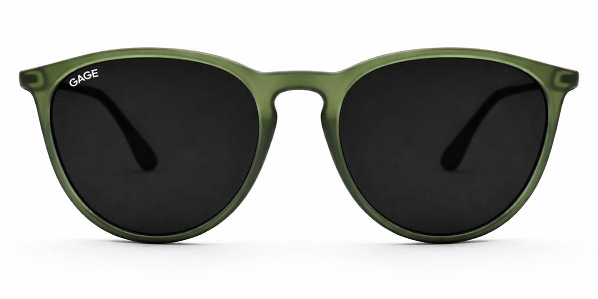 Olive green sunglasses with black lenses on a white background
