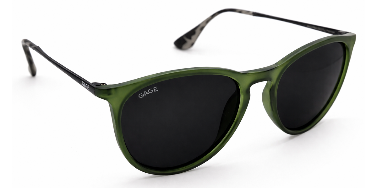 Olive green sunglasses with black lenses on a white background
