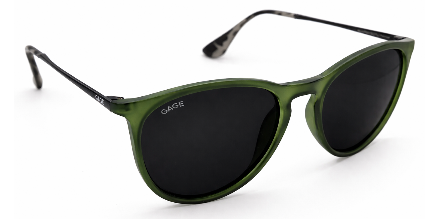 Olive green sunglasses with black lenses on a white background