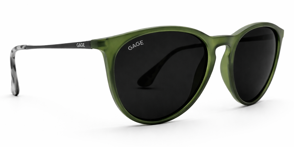 Olive green sunglasses with black lenses on a white background