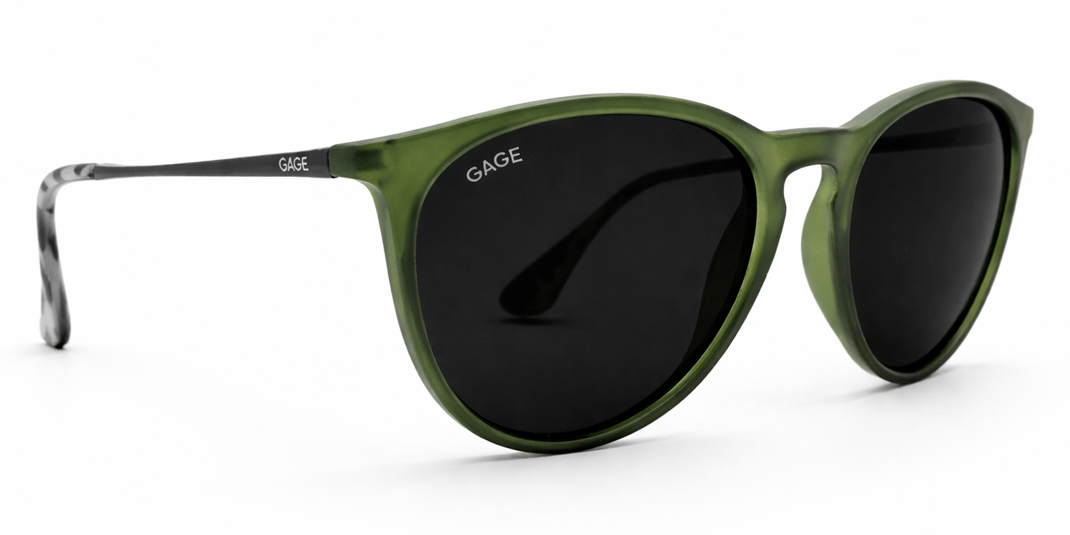 Olive green sunglasses with black lenses on a white background