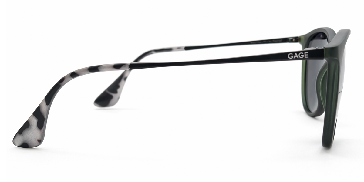 Olive green sunglasses with black lenses on a white background