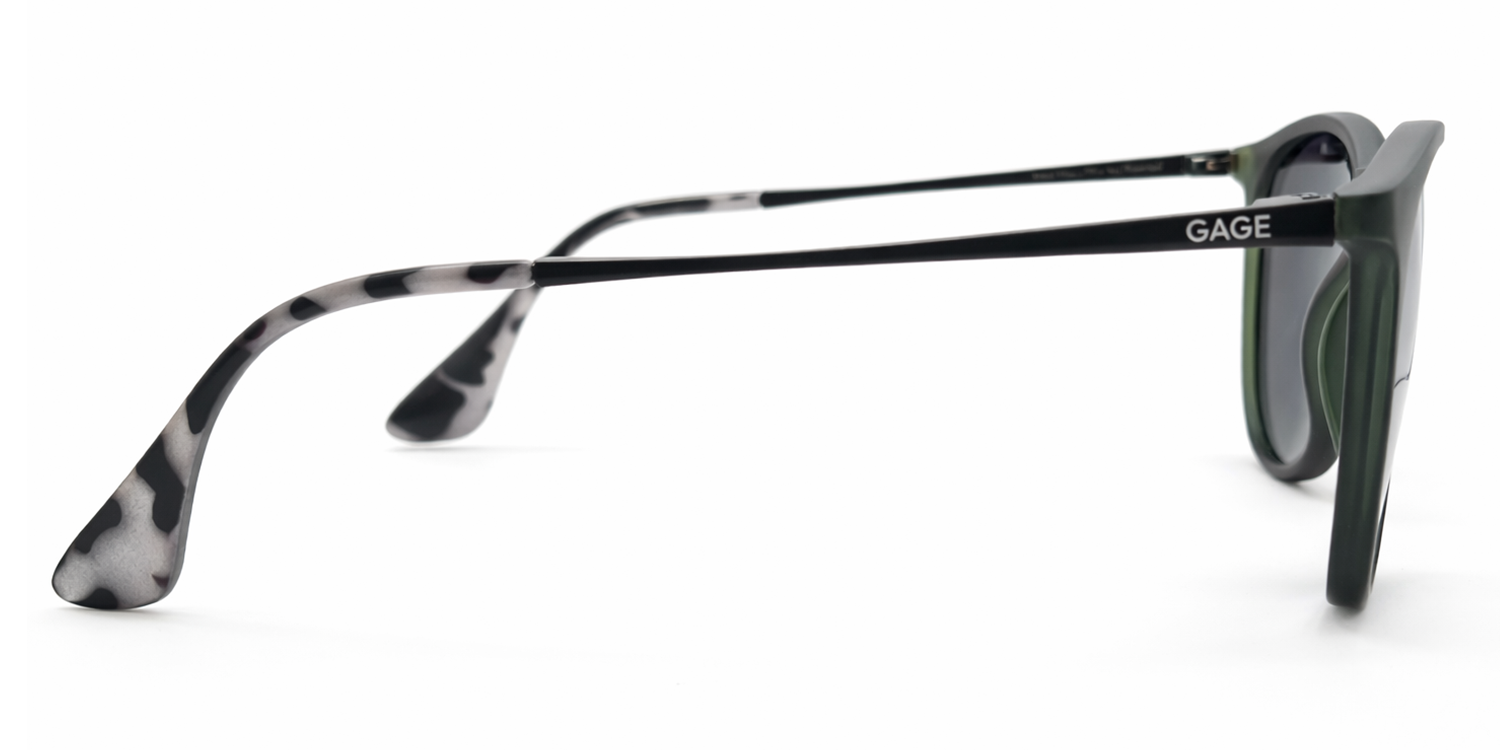 Olive green sunglasses with black lenses on a white background
