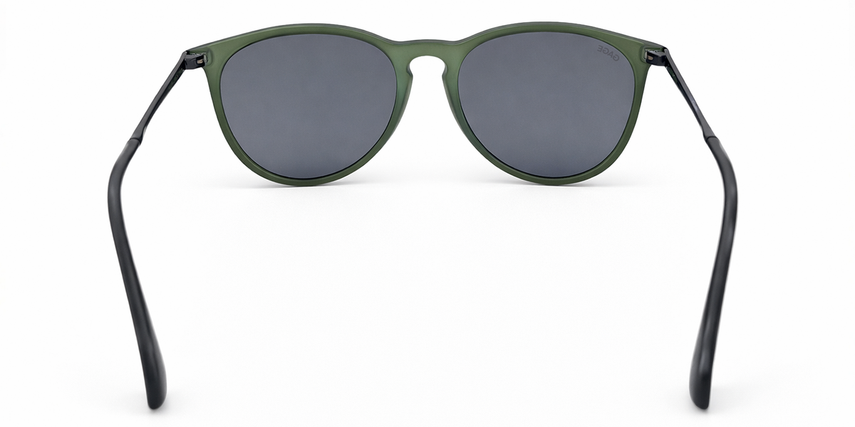 Olive green sunglasses with black lenses on a white background