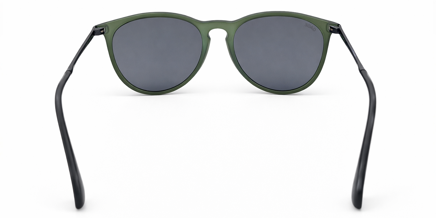 Olive green sunglasses with black lenses on a white background