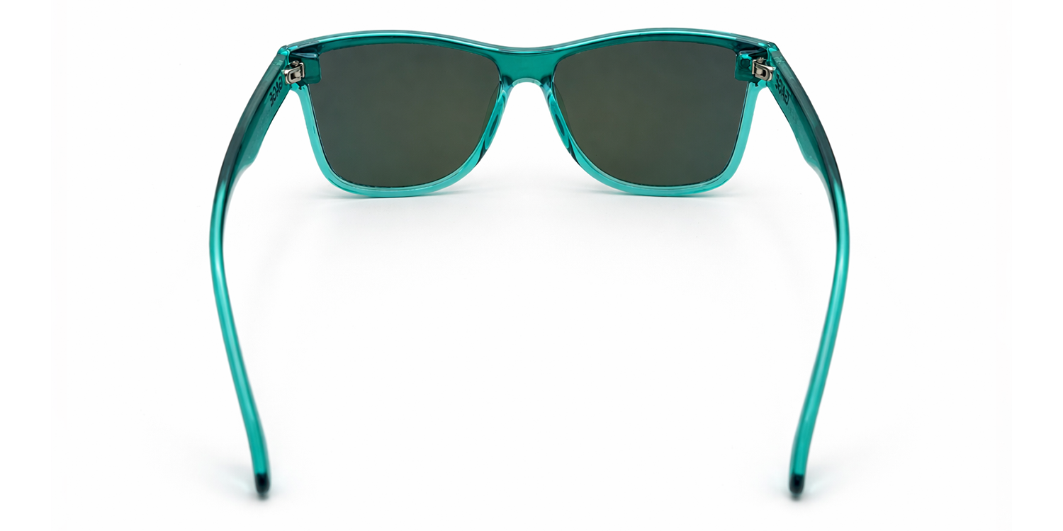 Teal sunglasses with dark lenses on a white background