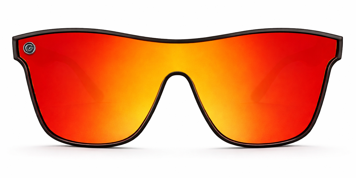 Sunglasses with red and orange reflective lenses on a white background