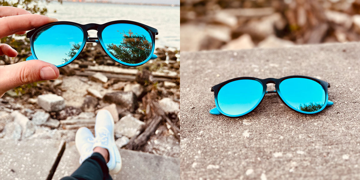 Black to Blue Gradient Sunglasses With Black Metal Arms and Polarized Lt Blue Lenses