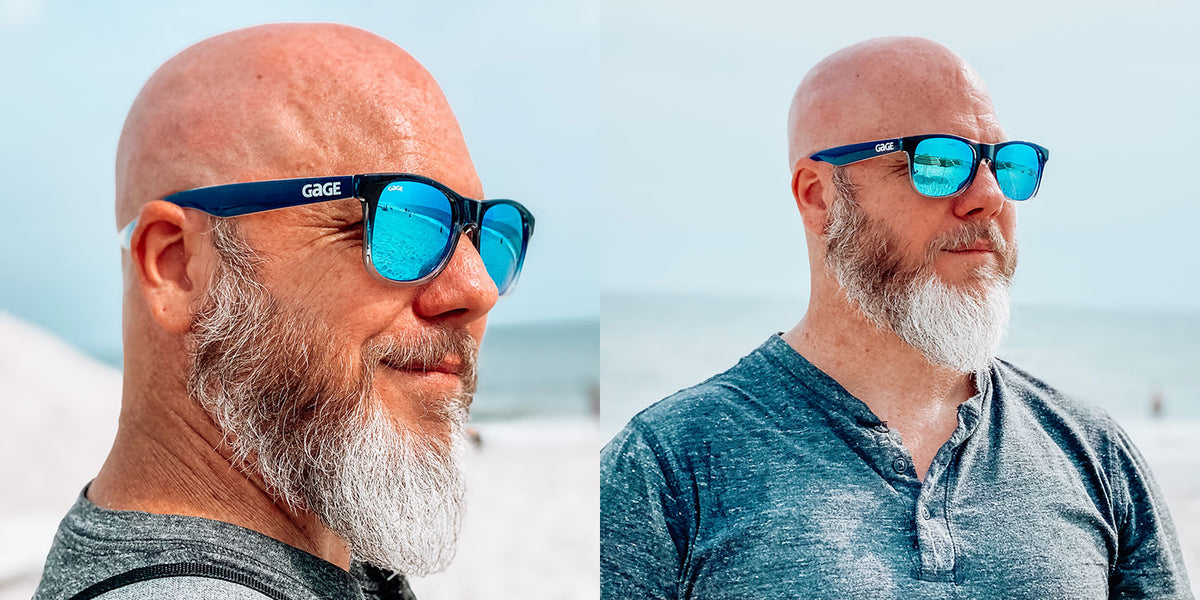 Glossy Navy Blue and Grey Gradient Sunglasses With Light Blue Mirrored Lenses