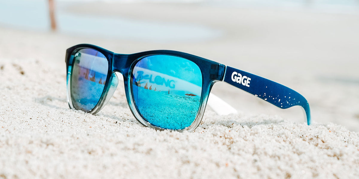 Glossy Navy Blue and Grey Gradient Sunglasses With Light Blue Mirrored Lenses
