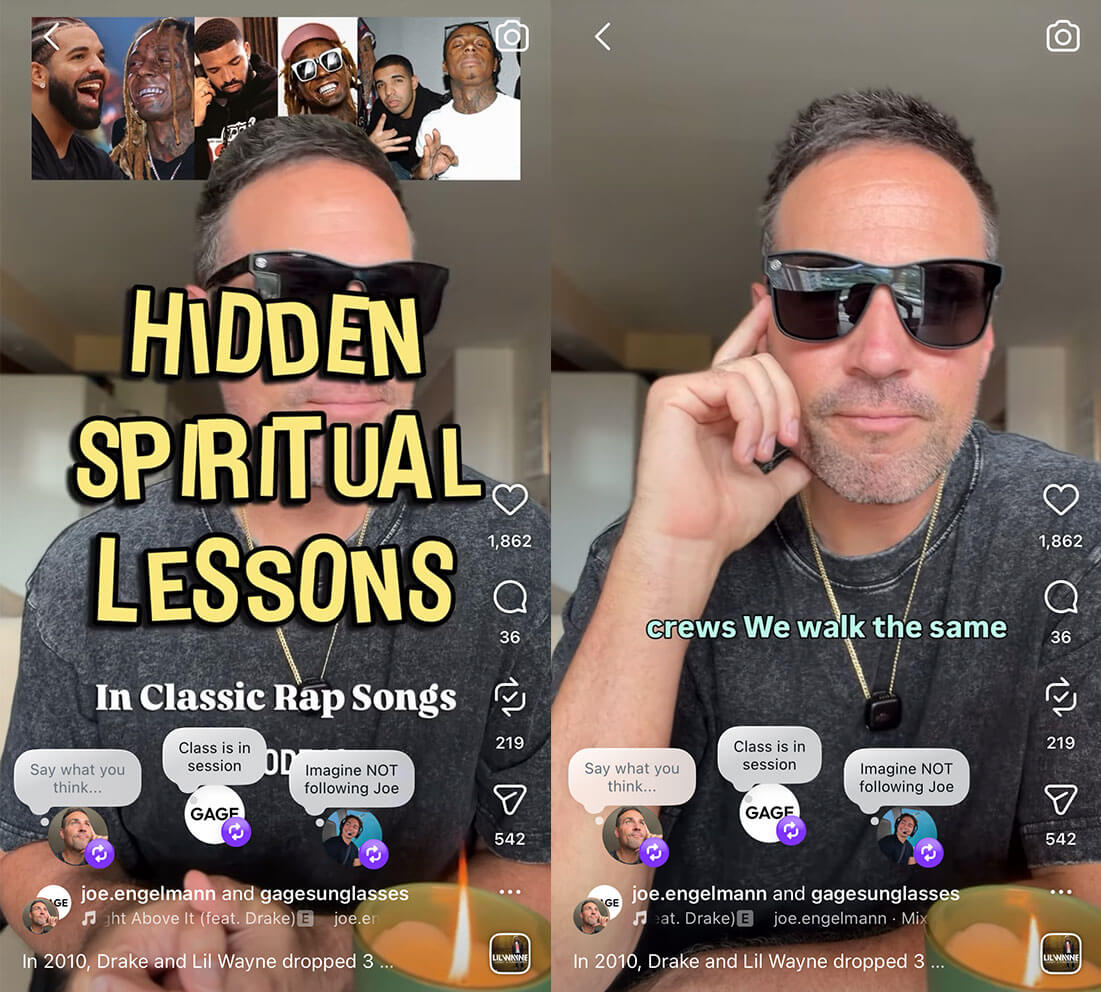 man in sunglasses with Hidden Spiritual Lessons text overlay on top of him.