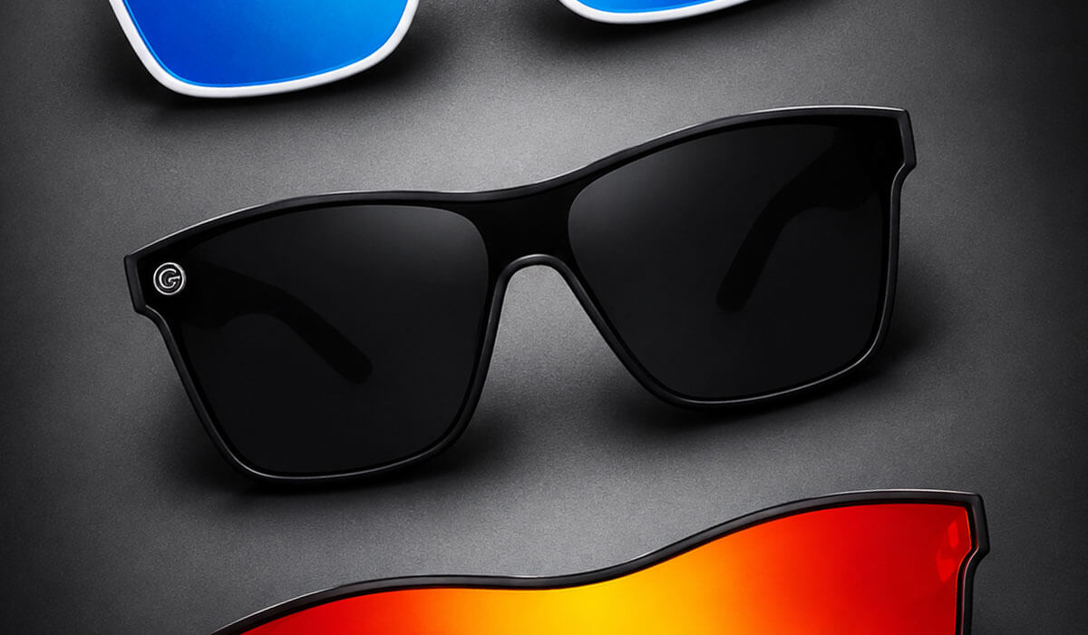 Flat overlay of three pairs of sunglasses on a dark background.