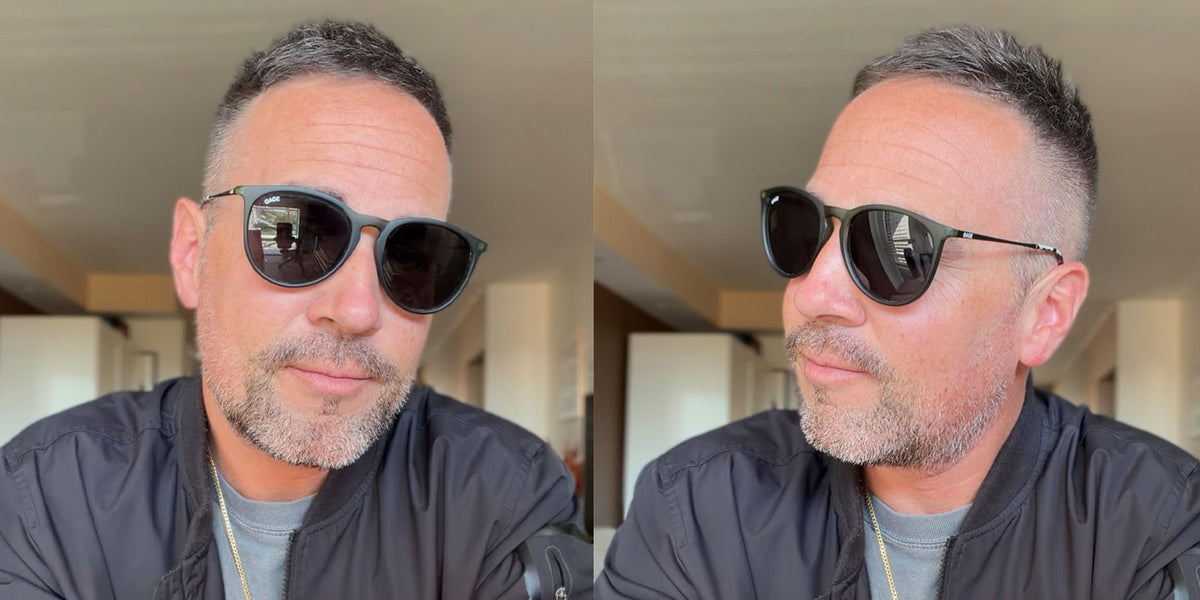 A side-by-side comparison of a man wearing olive framed round sunglasses in an indoor setting. The man has short dark hair and a trimmed beard, wearing a dark jacket over a gray t-shirt.