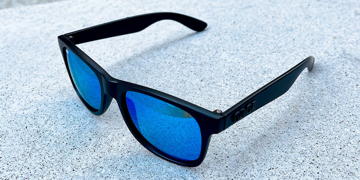 Black Sunglasses With Light Blue Mirrored Lenses