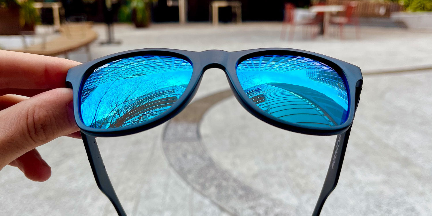 Black sunglasses store with blue lenses