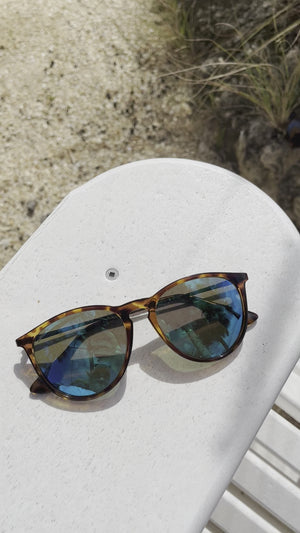 Tortoise Shell Sunglasses With Gold Metal Arms and Polarized Blue-Green Lenses