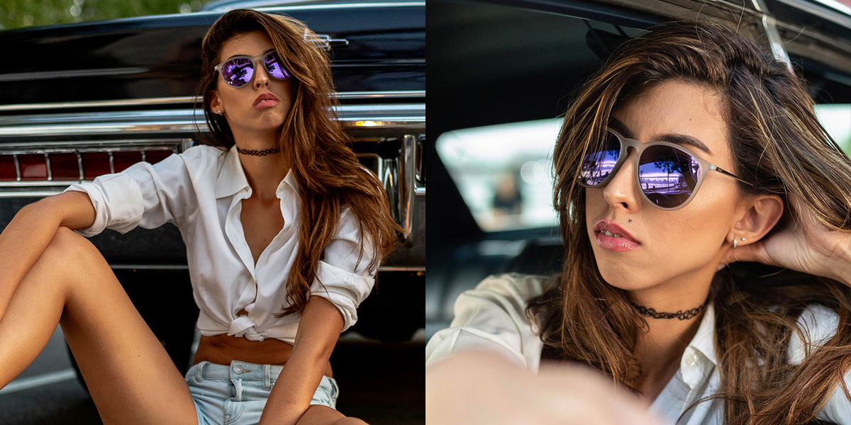 Transparent Matte Grey Sunglasses With Silver Metal Arms and Polarized Purple Lenses