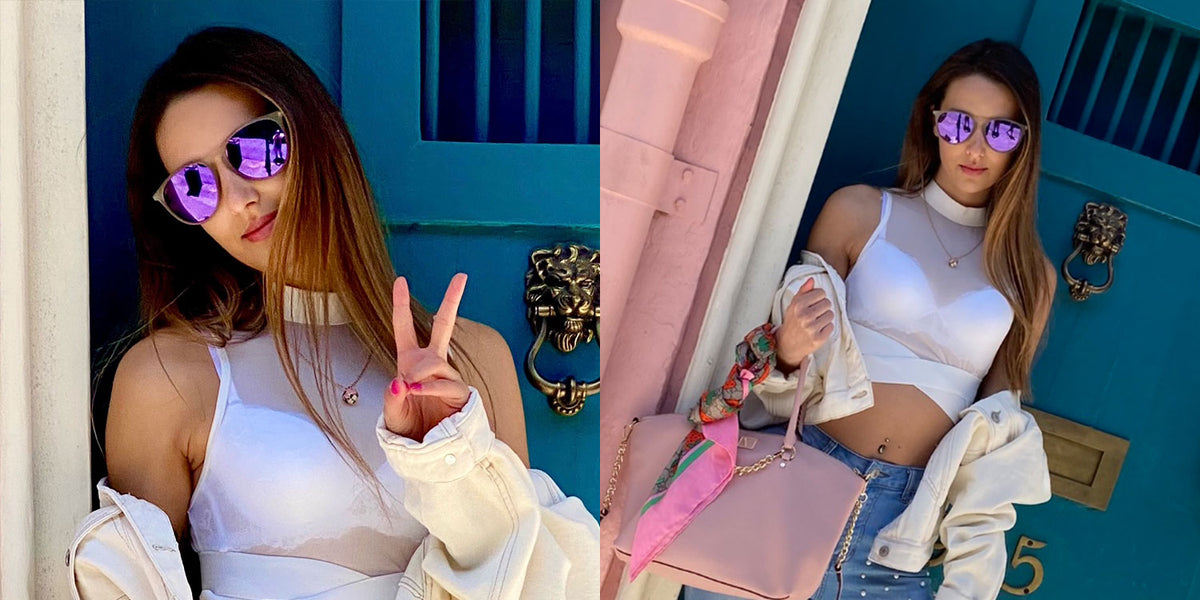 Transparent Matte Grey Sunglasses With Silver Metal Arms and Polarized Purple Lenses