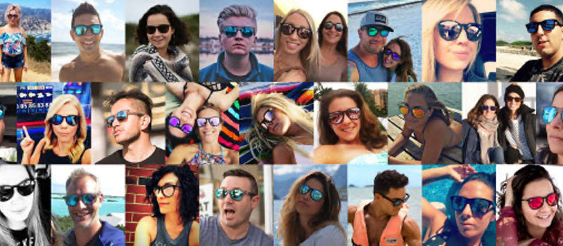 Photo montage of various people outside wearing sunglasses with big smiles.