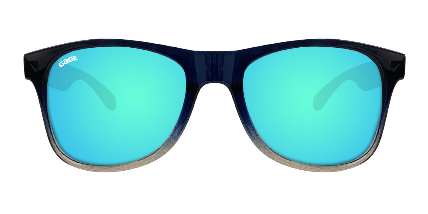 Glossy Navy Blue and Grey Gradient Sunglasses With Light Blue Mirrored Lenses