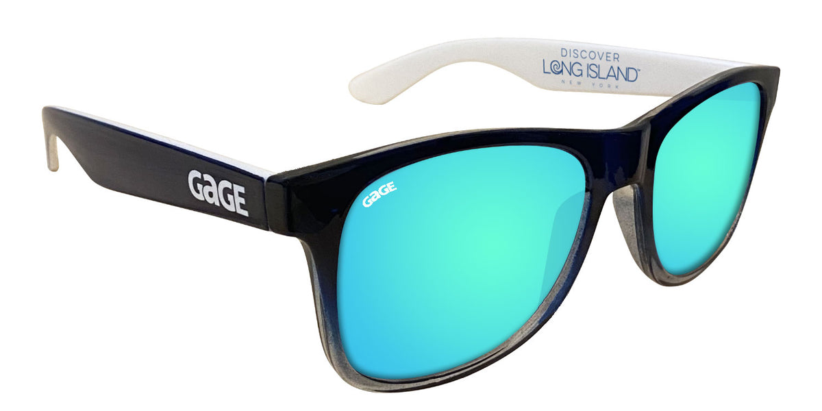 Glossy Navy Blue and Grey Gradient Sunglasses With Light Blue Mirrored Lenses